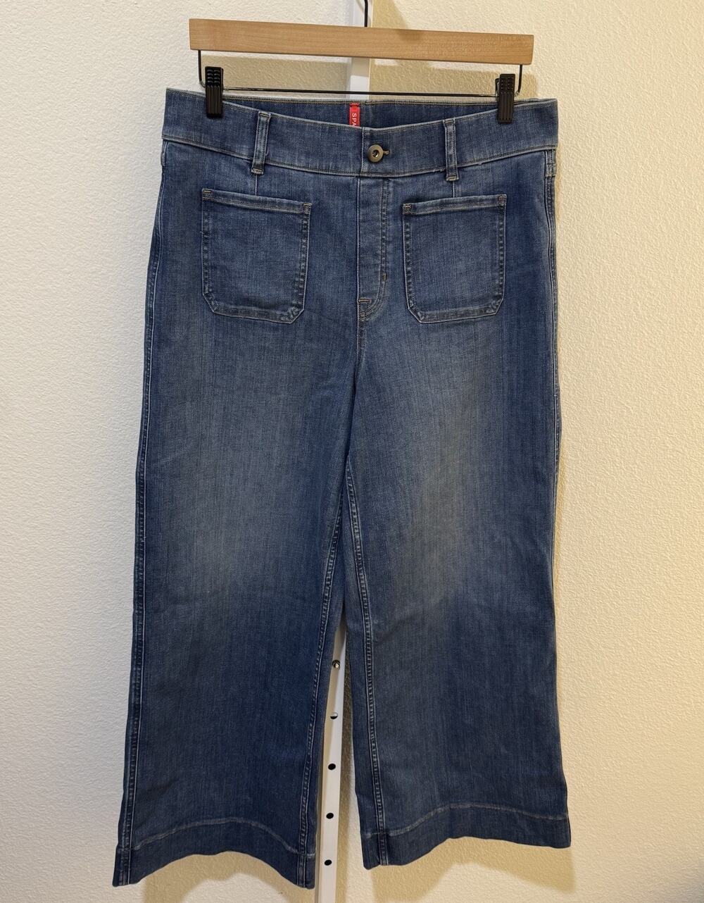 SPANX Womens Large Petite Wide Leg Pull On Denim Jeans Flare Crop Pants XL